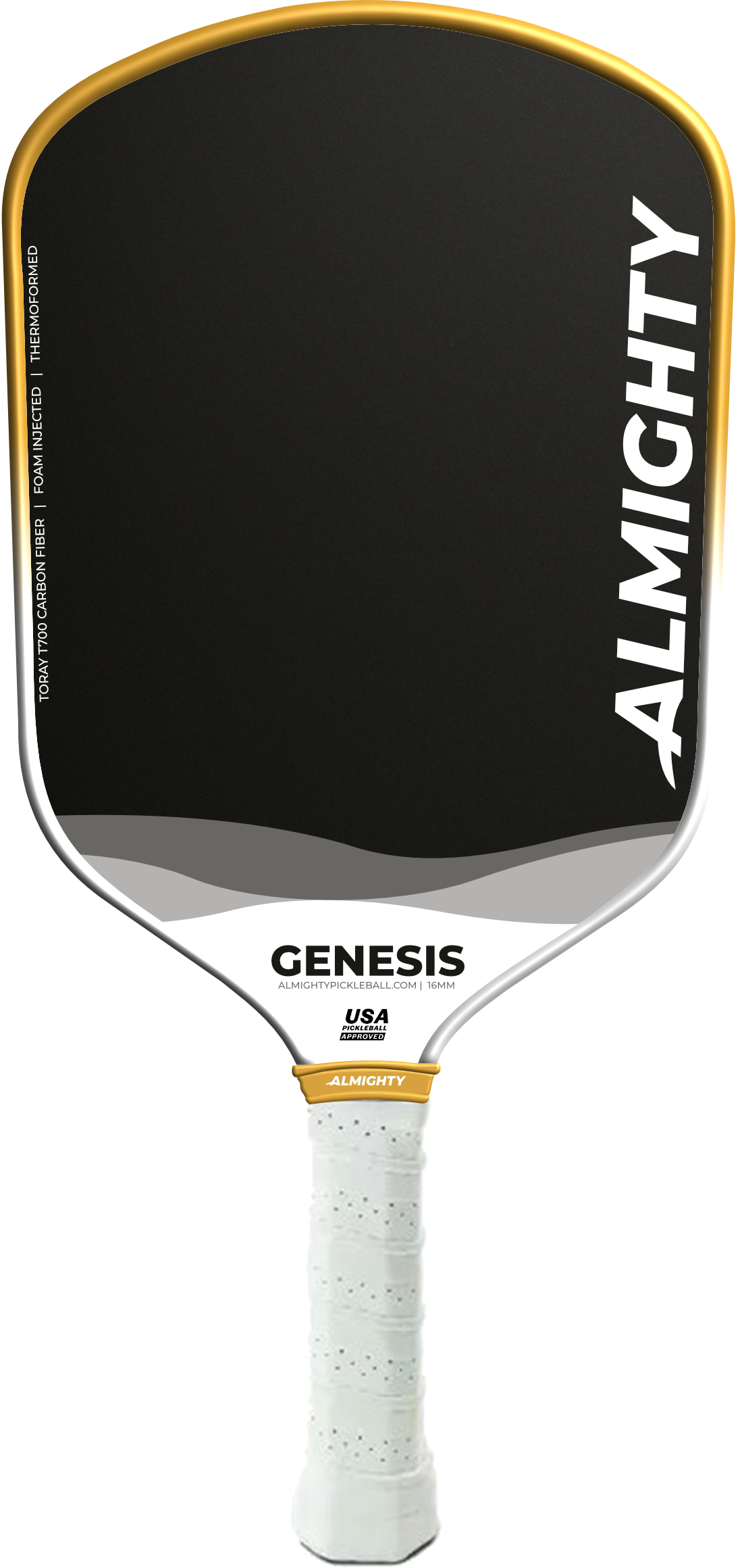 Pickleball paddle with 'Almighty' branding on a white background