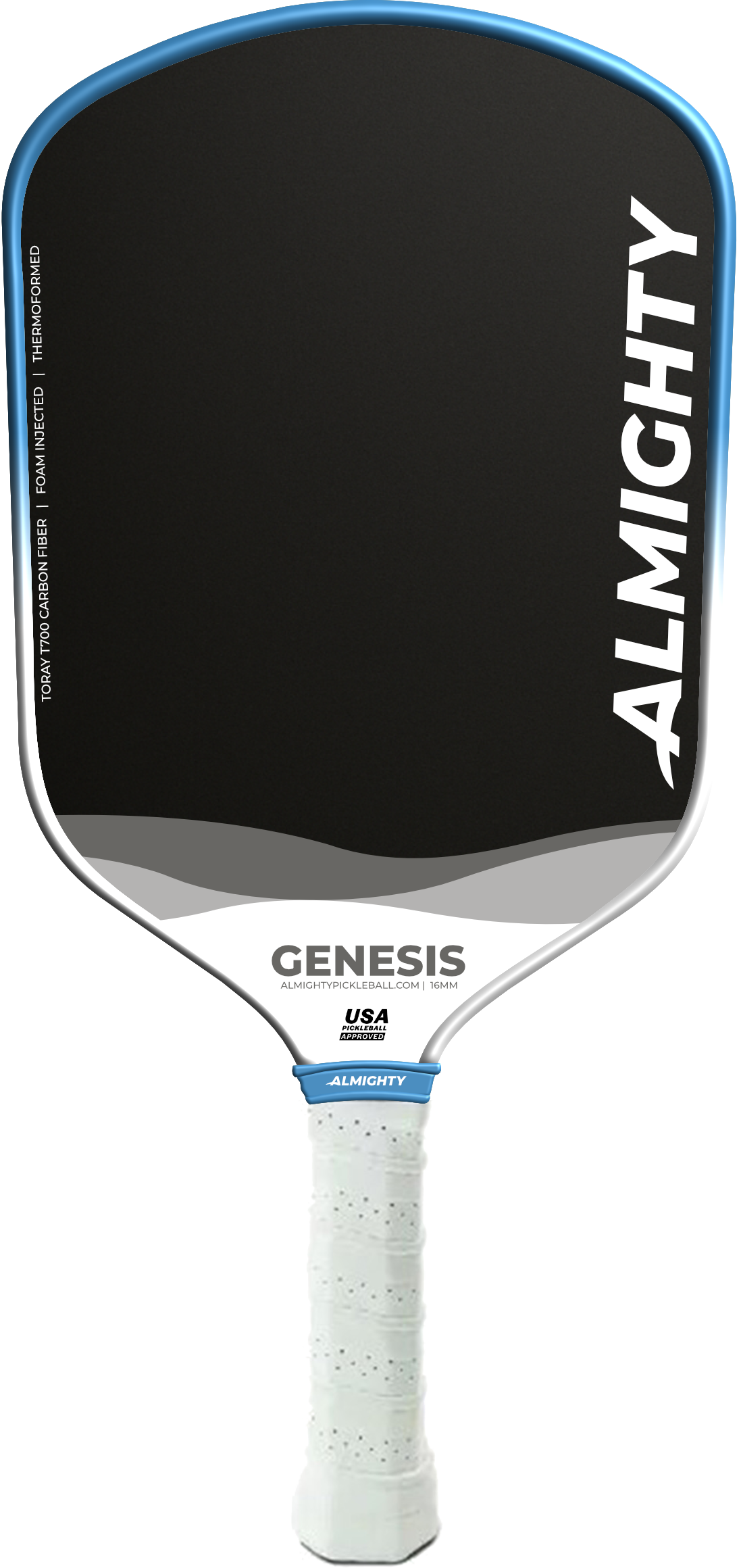 Pickleball paddle with 'Almighty' branding on a white background