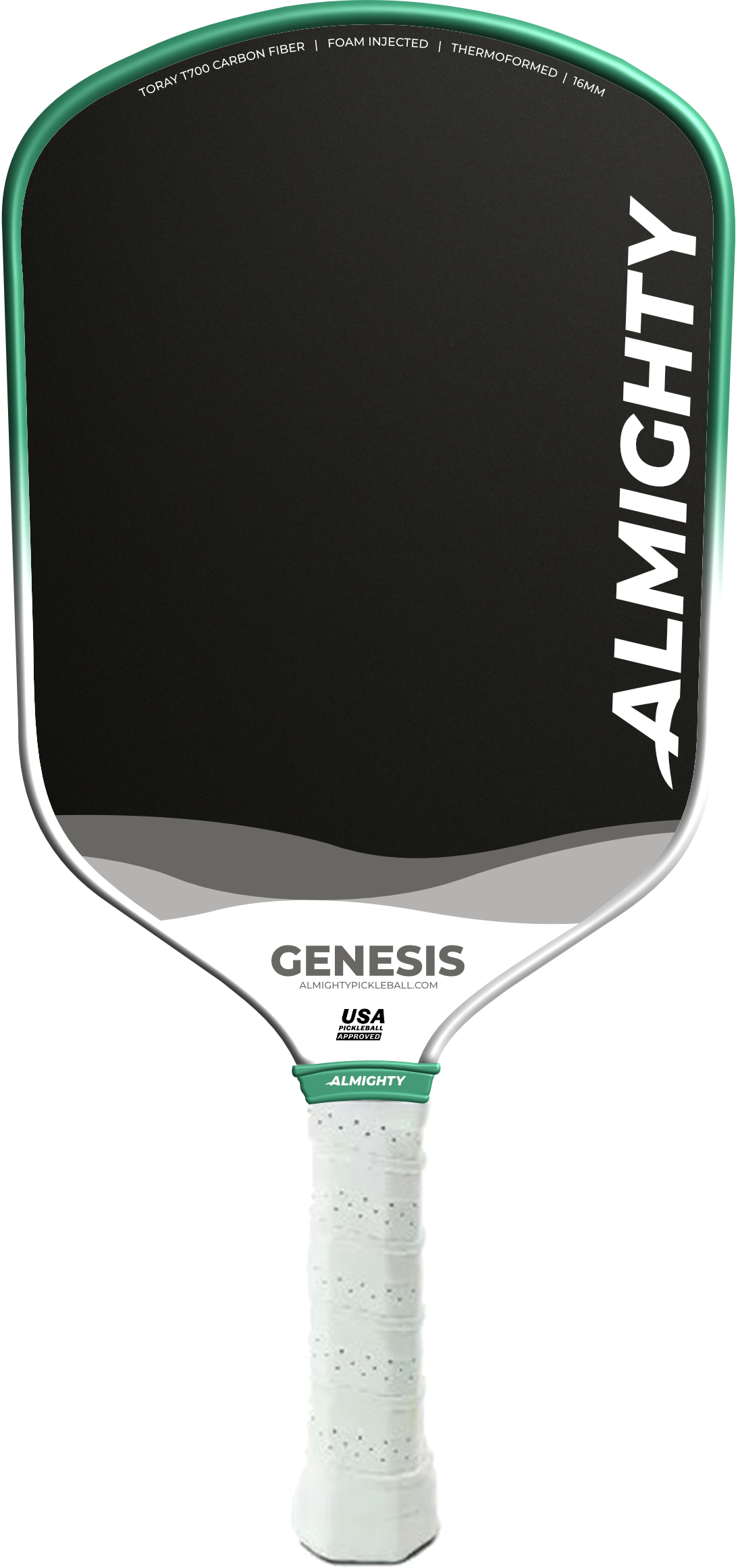 Pickleball paddle with 'Almighty' branding on a white background