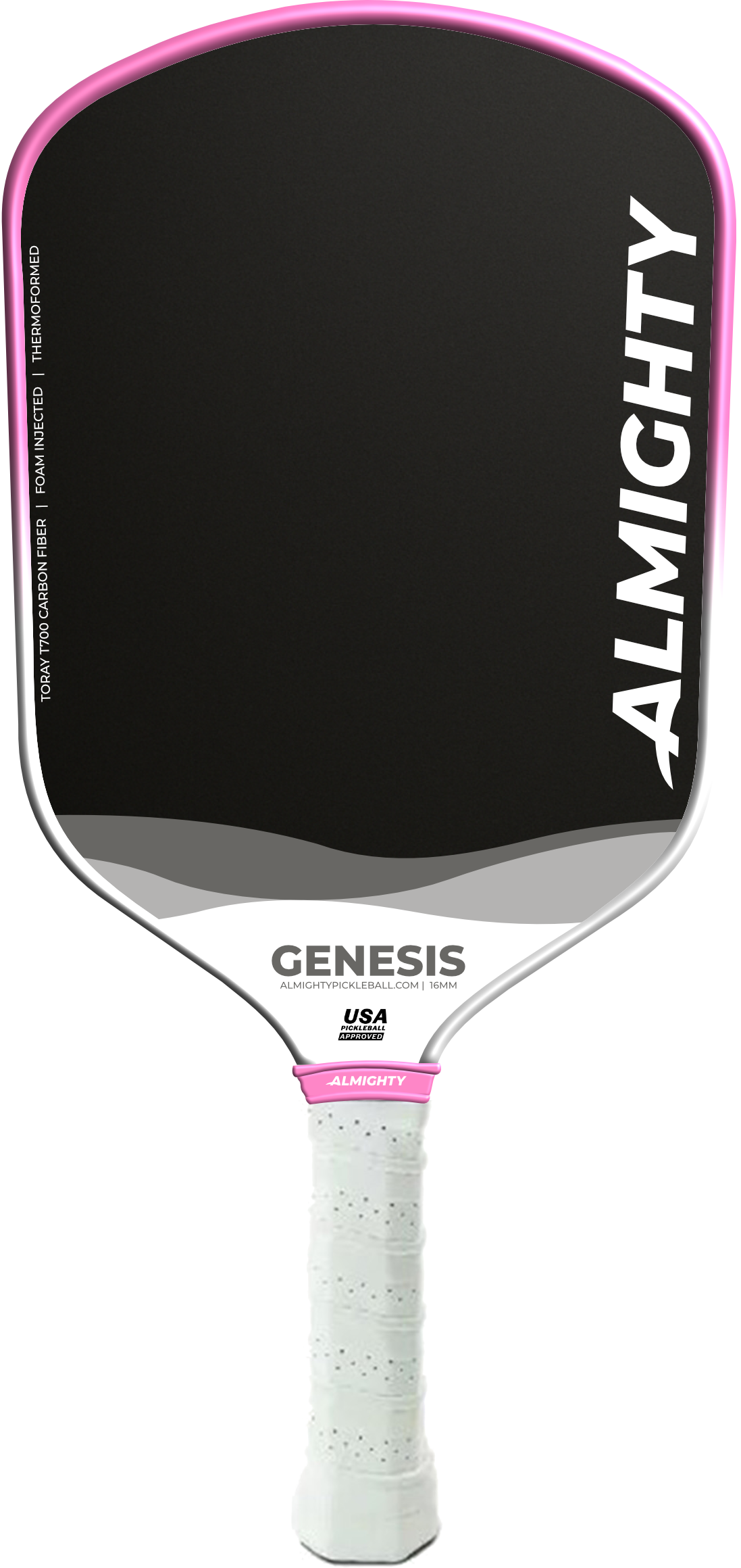 Pickleball paddle with 'Almighty' branding on a white background