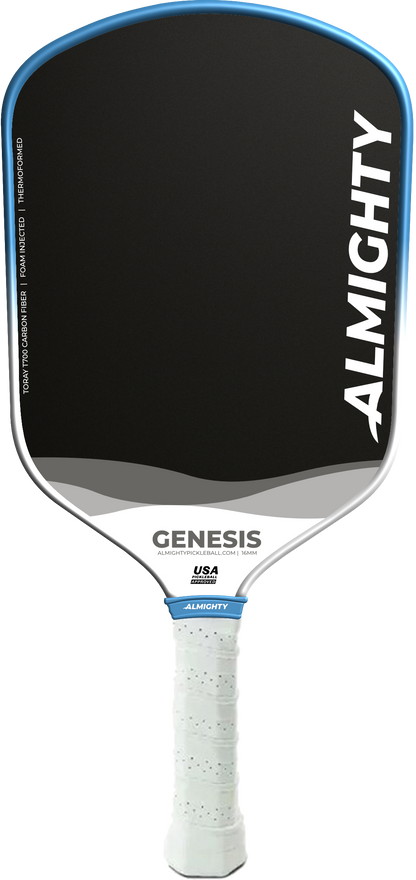 Pickleball paddle with 'Almighty' branding on a white background