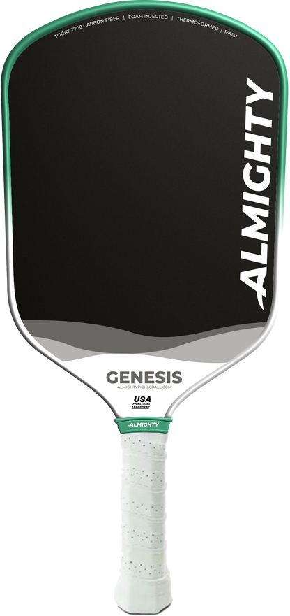 Pickleball paddle with 'Almighty' branding on a white background