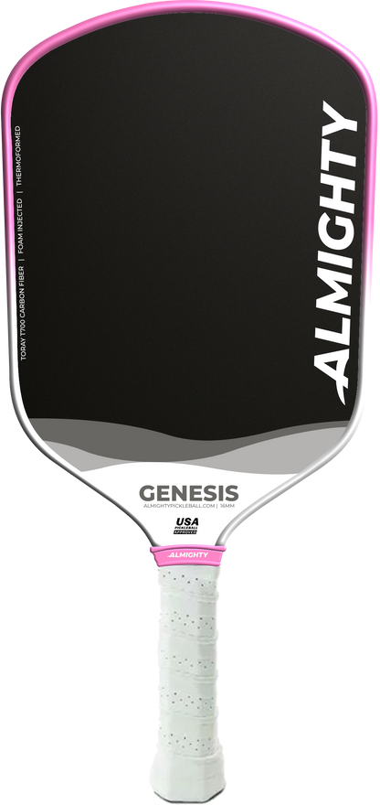 Pickleball paddle with 'Almighty' branding on a white background